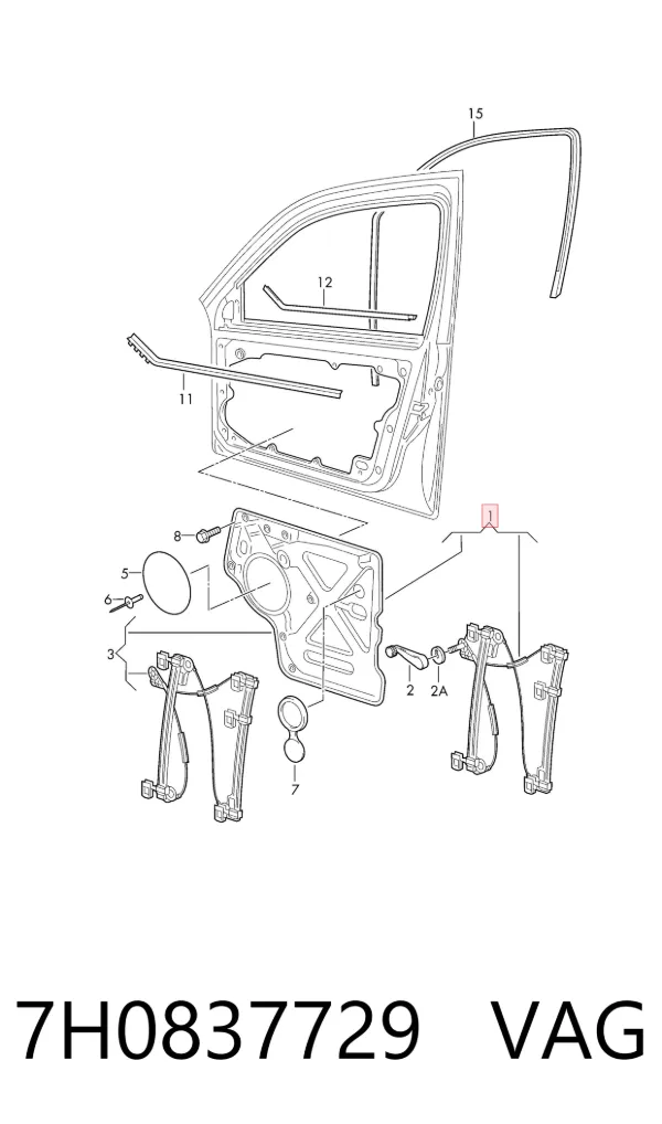 Mechanizm podnoszenia szyby drzwi przednich lewych 7H0837729 VAG