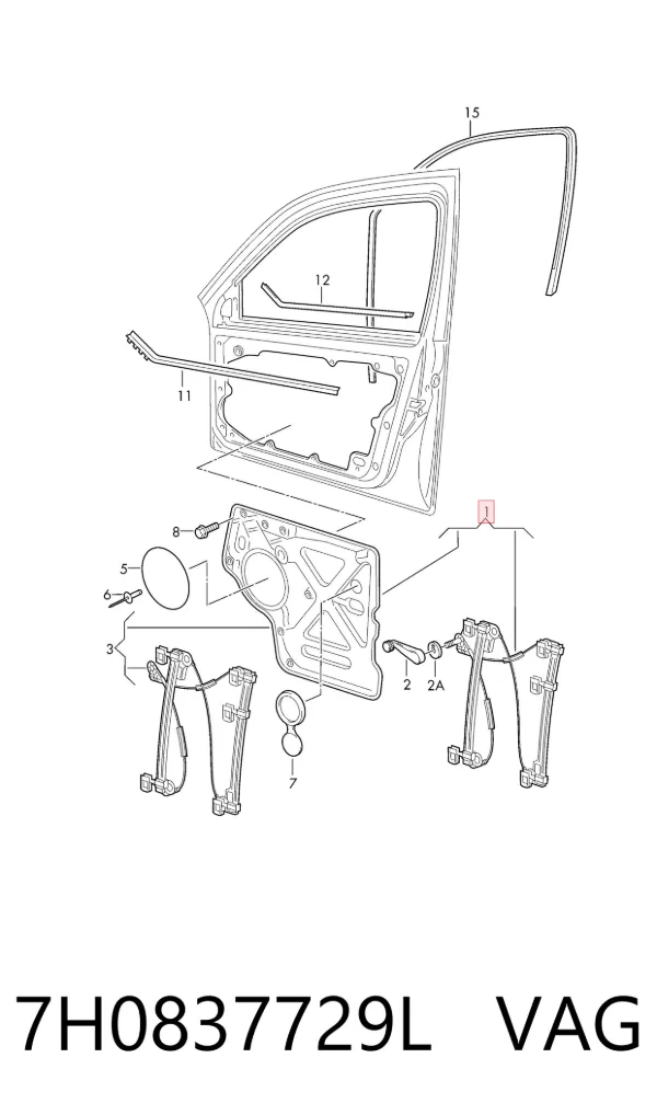 Mechanizm podnoszenia szyby drzwi przednich lewych 7H0837729L VAG