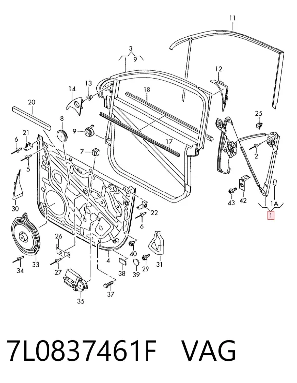 Mechanizm podnoszenia szyby drzwi przednich lewych 7L0837461F VAG