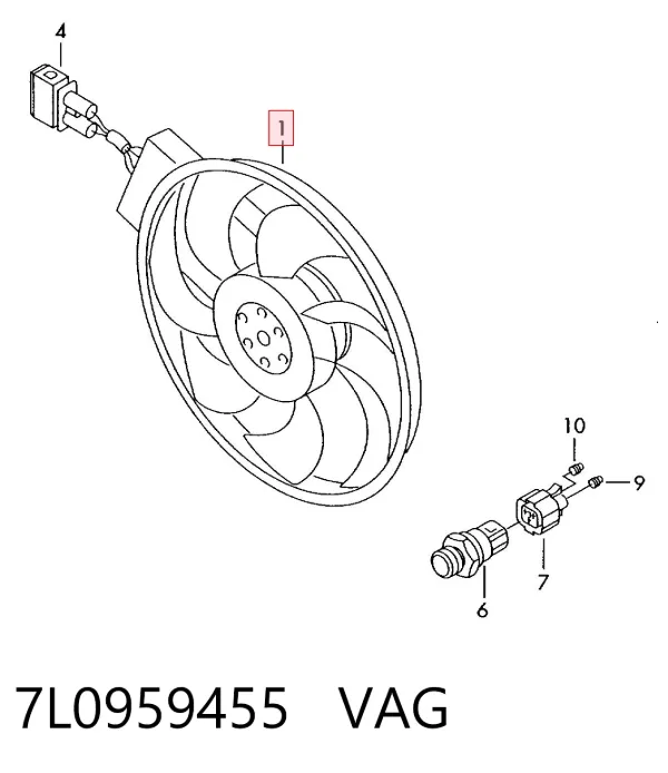 Wentylator elektryczny układu chłodzenia, kompletny (silnik+wirnik) lewy 7L0959455 VAG