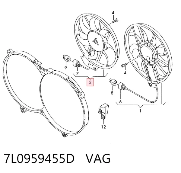 Wentylator elektryczny układu chłodzenia, kompletny (silnik+wirnik) prawy 7L0959455D VAG