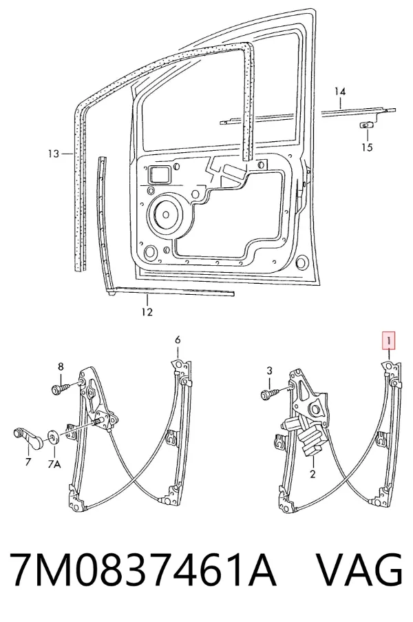 Mechanizm podnoszenia szyby drzwi przednich lewych 7M0837461A VAG
