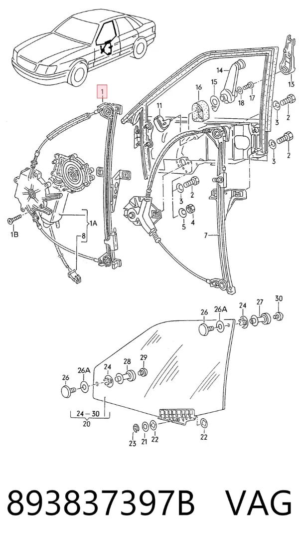 Mechanizm podnoszenia szyby drzwi przednich lewych 893837397B VAG