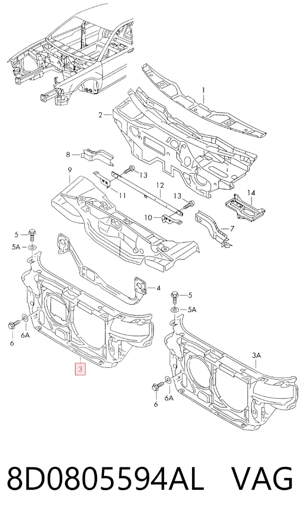 Osłona chłodnicy kompletna (panel mocowania reflektorów) Audi A4 B5