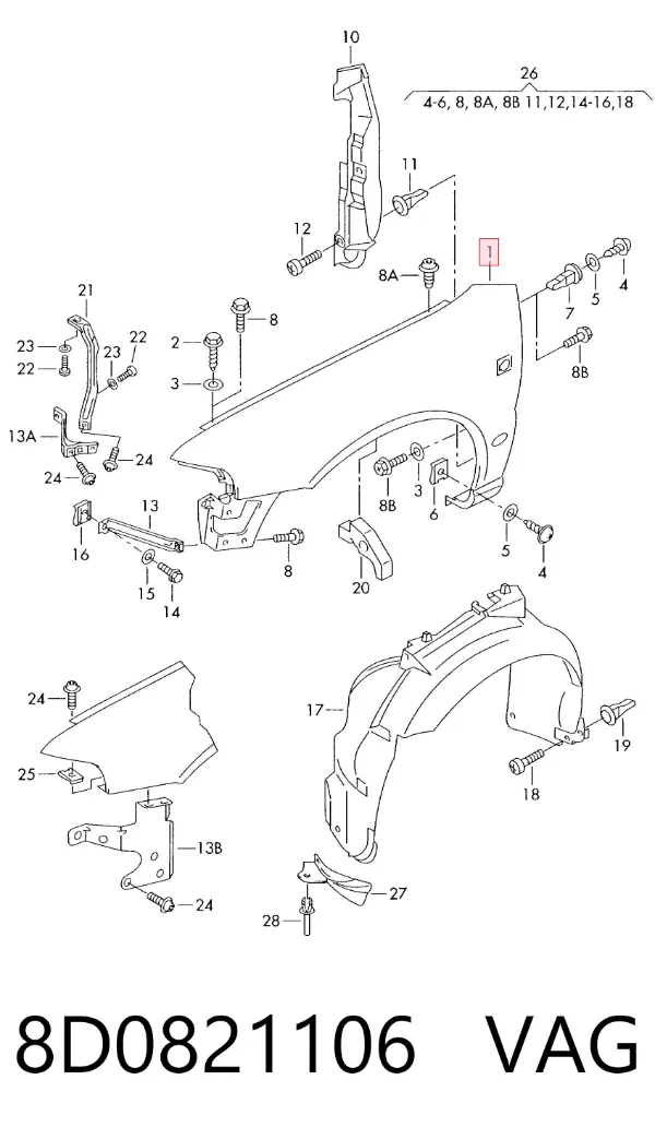 Błotnik przedni prawy 8D0821106 VAG