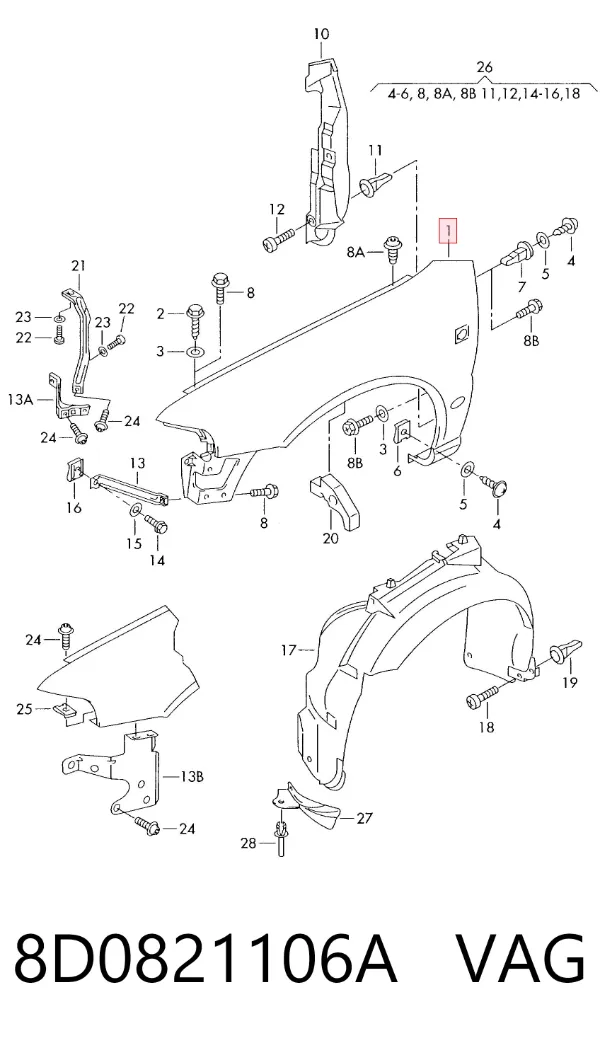 Błotnik przedni prawy 8D0821106A VAG