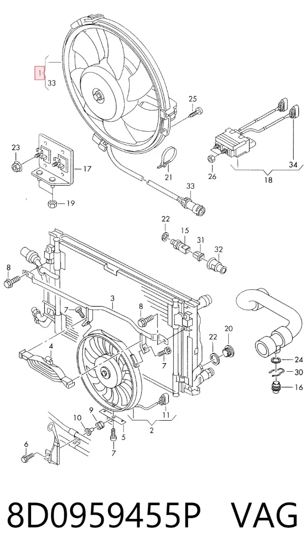 Wentylator elektryczny układu chłodzenia kompletny (silnik+wirnik) 8D0959455P VAG
