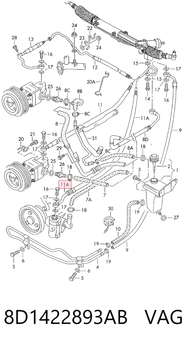 Przewód hydraulicznego układu wspomagania wysokiego ciśnienia, od pompy do maglownicy (mechanizmu) 8D1422893AB VAG
