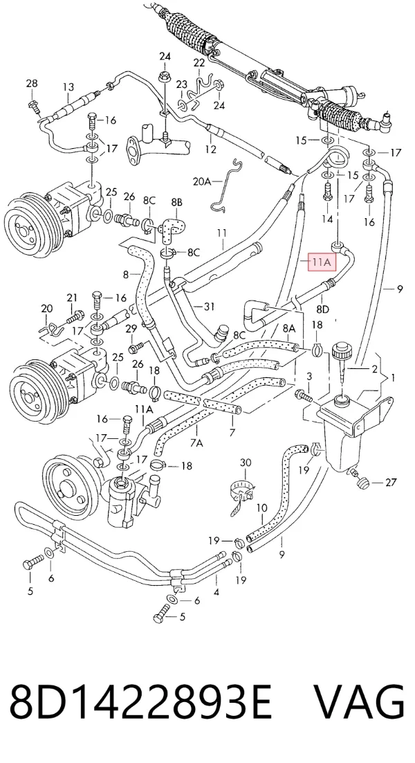 Przewód hydraulicznego układu wspomagania wysokiego ciśnienia, od pompy do maglownicy (mechanizmu) 8D1422893E VAG