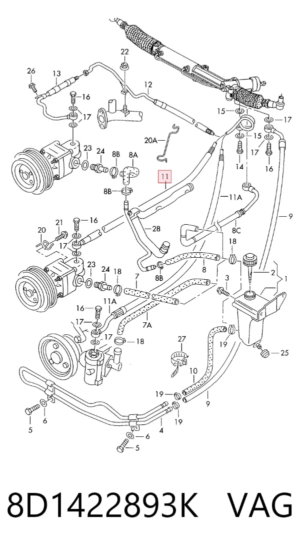 Przewód hydraulicznego układu wspomagania wysokiego ciśnienia, od pompy do maglownicy (mechanizmu) 8D1422893K VAG