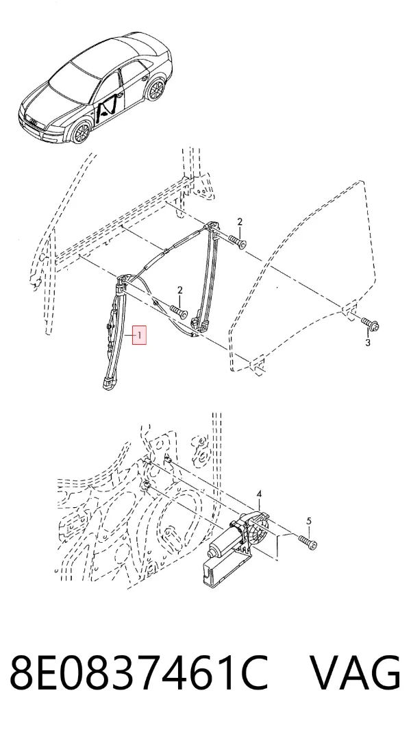 Mechanizm podnoszenia szyby drzwi przednich lewych 8E0837461C VAG