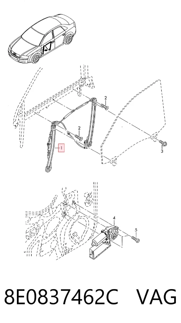 Mechanizm podnoszenia szyby drzwi przednich prawych 8E0837462C VAG