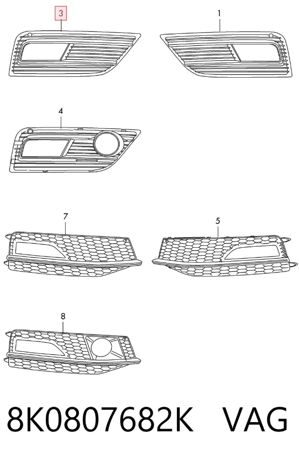 Zaślepka (kratka) lamp przeciwmgielnych zderzaka przedniego prawa 8K0807682K VAG