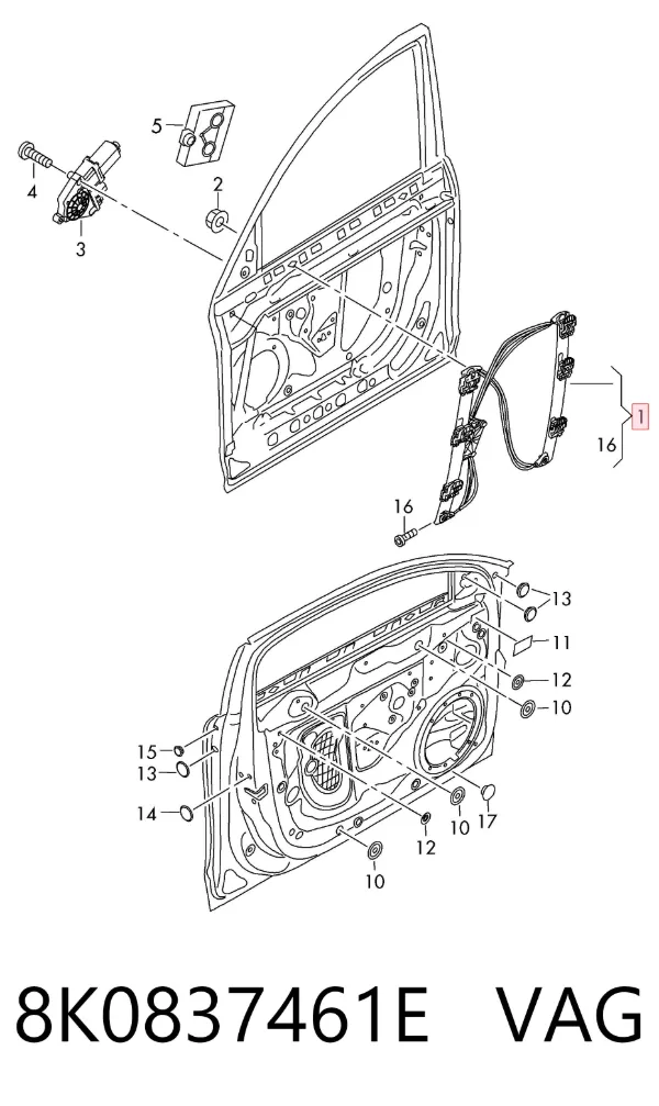 Mechanizm podnoszenia szyby drzwi przednich lewych 8K0837461E VAG