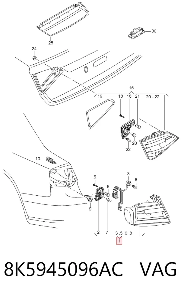 Lampa zespolona tylna prawa zewnętrzna 8K5945096AC VAG