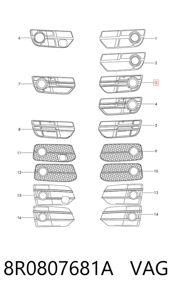 Zaślepka (kratki) lamp przeciwmgielnych zderzaka przedniego lewa 8R0807681A VAG