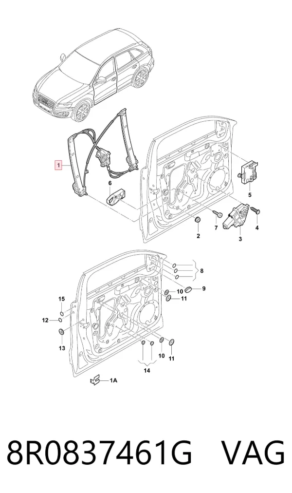 Mechanizm podnoszenia szyby drzwi przednich lewych 8R0837461G VAG