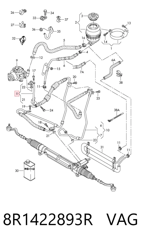 Przewód hydraulicznego układu wspomagania wysokiego ciśnienia, od pompy do maglownicy (mechanizmu) 8R1422893R VAG