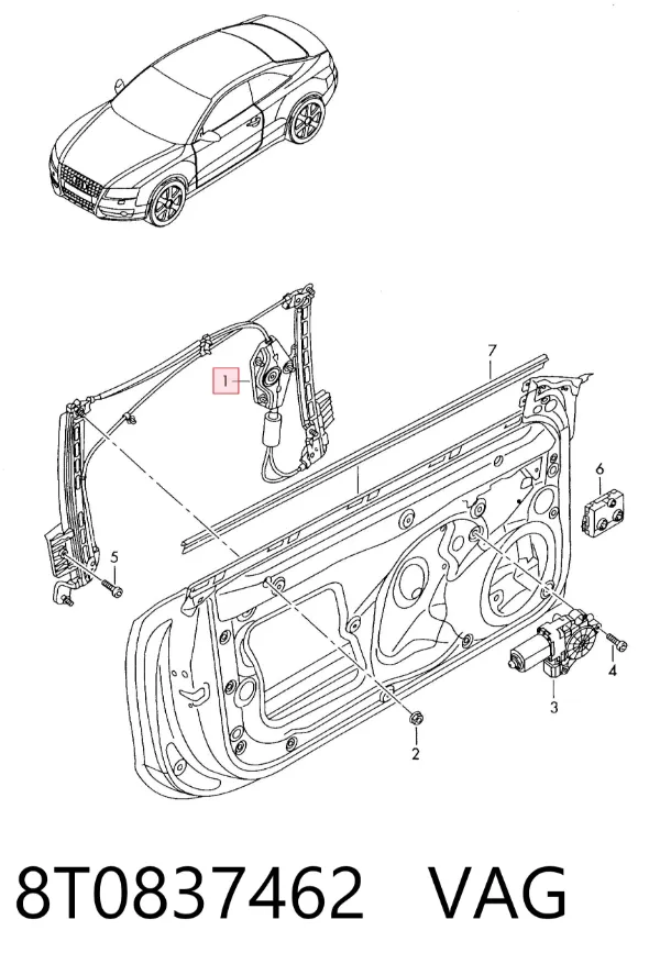 Mechanizm podnoszenia szyby drzwi przednich prawych 8T0837462 VAG