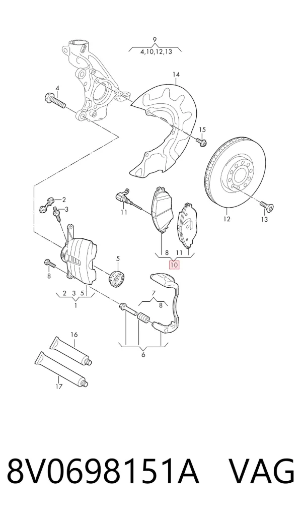 Klocki hamulcowe przednie tarczowe 8V0698151A VAG