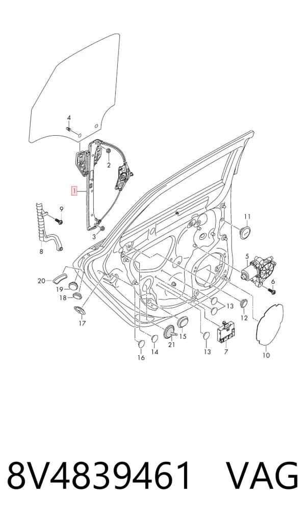 Mechanizm podnoszenia szyby drzwi tylnych lewych 8V4839461 VAG