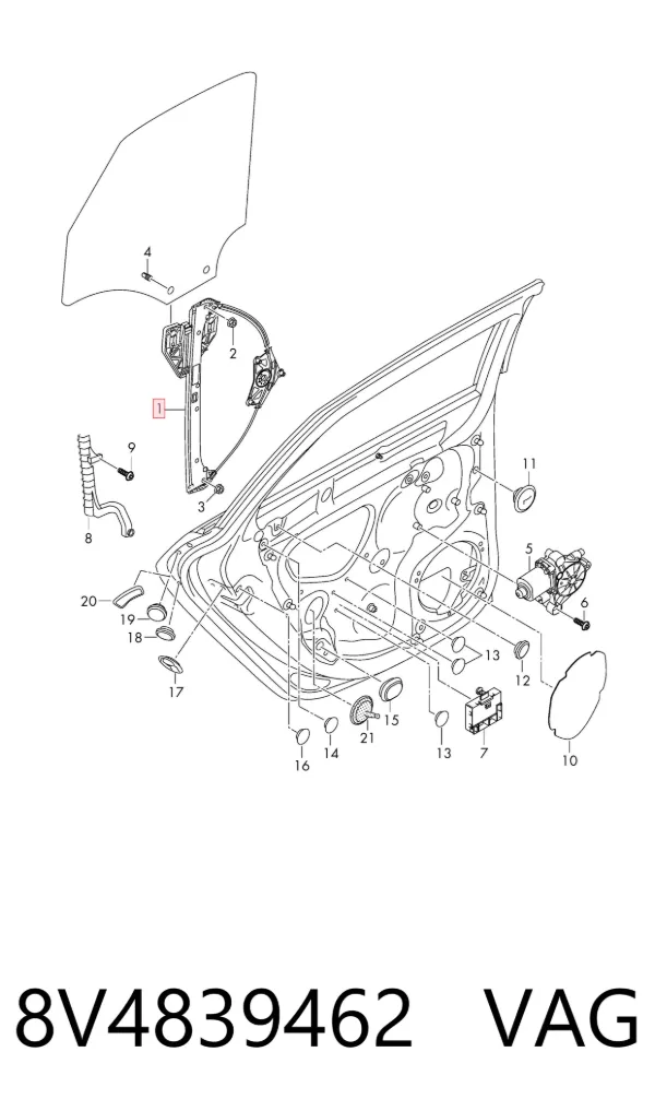 Mechanizm podnoszenia szyby drzwi tylnych prawych 8V4839462 VAG