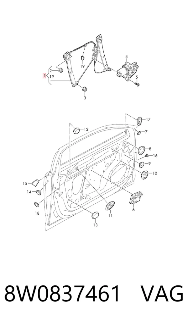 Mechanizm podnoszenia szyby drzwi przednich lewych 8W0837461 VAG