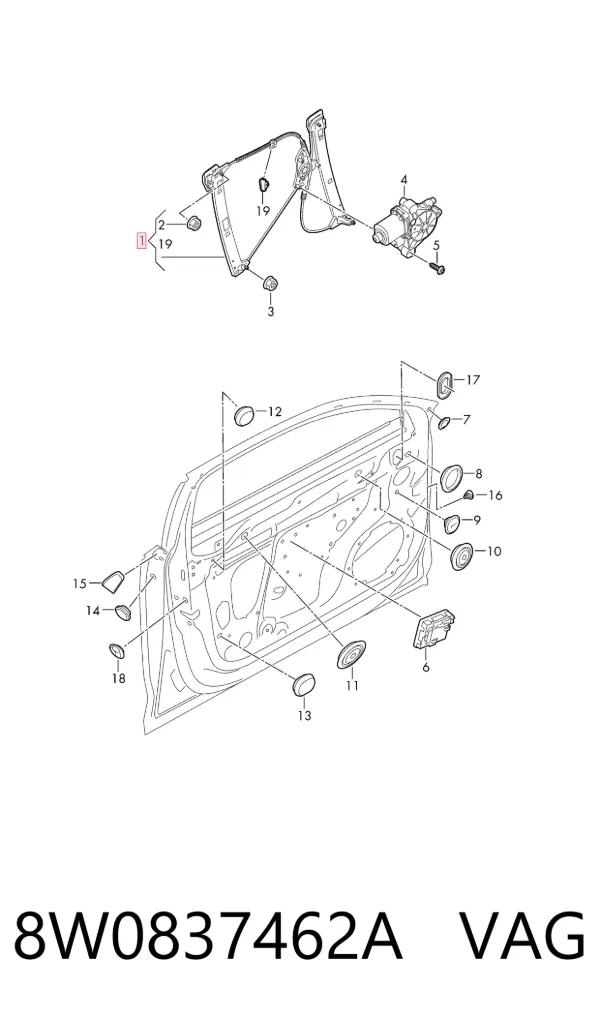 Mechanizm podnoszenia szyby drzwi przednich prawych 8W0837462A VAG