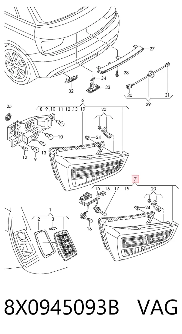 Lampa zespolona tylna lewa 8X0945093B VAG