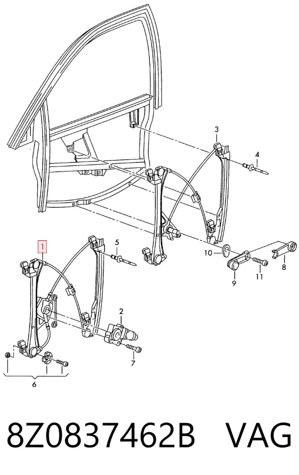Mechanizm podnoszenia szyby drzwi przednich prawych 8Z0837462B VAG