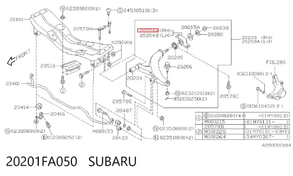 Silentblock przedniego wahacza dolnego 20201FA050 Subaru