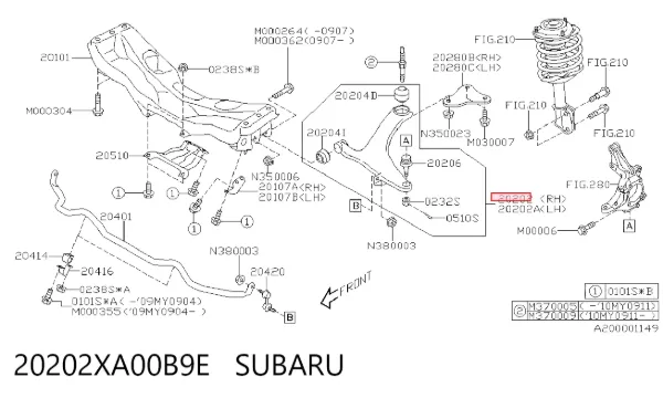 Wahacz zawieszenia przedniego dolny prawy 20202XA00B9E Subaru