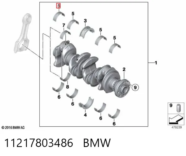 Panewki główne wału korbowego, zestaw, 1. naprawa (+0,25) 11217803486 BMW