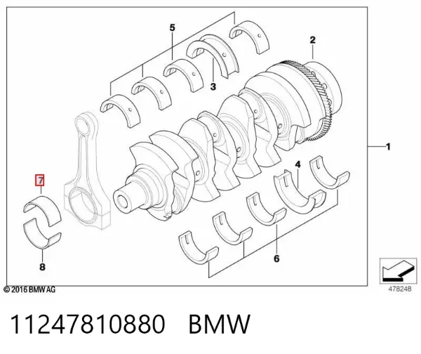 Panewki główne wału korbowego, zestaw, 1. naprawa (+0,25) 11247810880 BMW