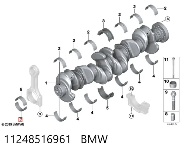 Panewki korbowodowe wału korbowego, zestaw, 1. naprawa (+0,25) 11248516961 BMW