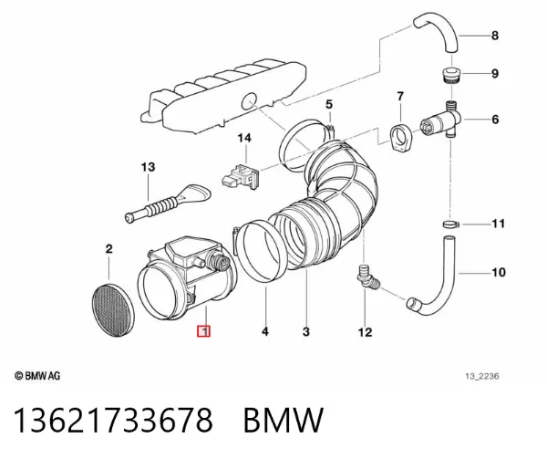 Czujnik przepływu powietrza, przepływomierz powietrza M.A.F. 13621733678 BMW