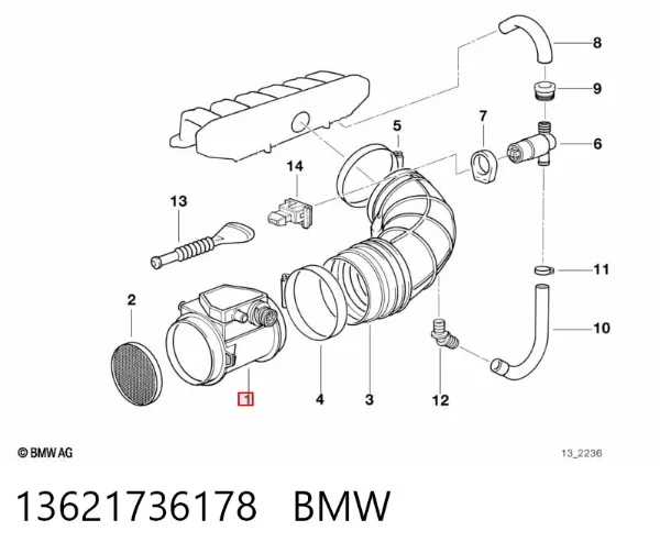 Czujnik przepływu powietrza, przepływomierz powietrza M.A.F. 13621736178 BMW