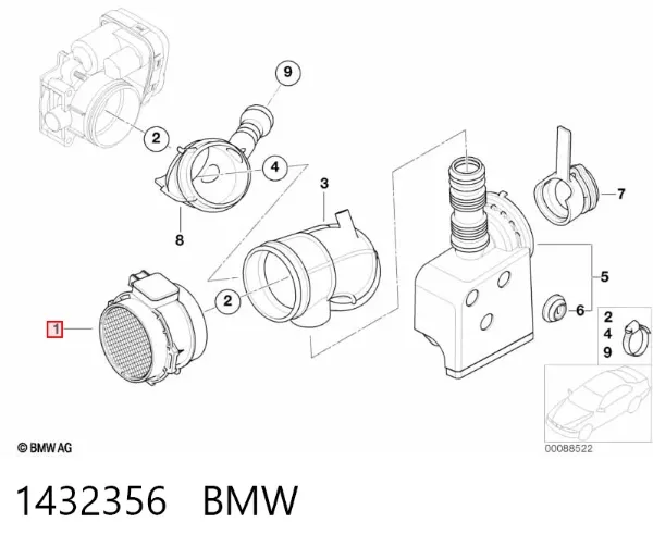 Czujnik przepływu powietrza, przepływomierz powietrza M.A.F. 1432356 BMW