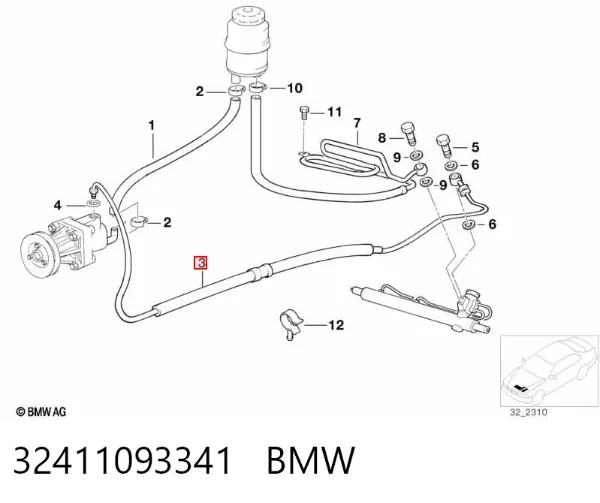 Przewód hydraulicznego układu wspomagania wysokiego ciśnienia, od pompy do maglownicy (mechanizmu) 32411093341 BMW