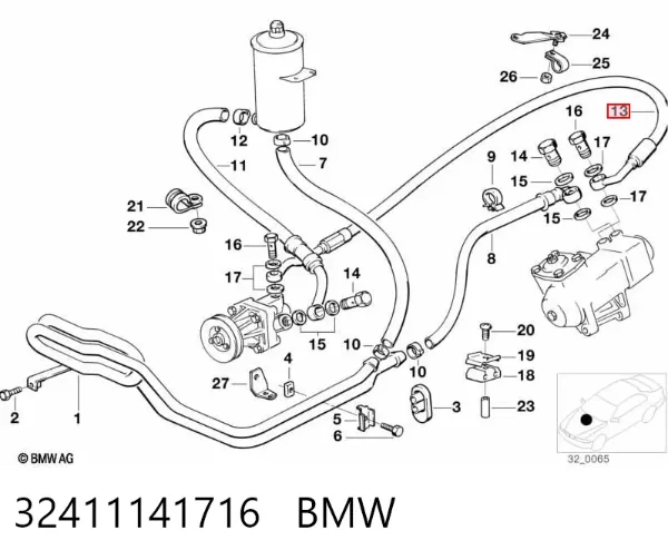 Przewód hydraulicznego układu wspomagania wysokiego ciśnienia, od pompy do maglownicy (mechanizmu) 32411141716 BMW