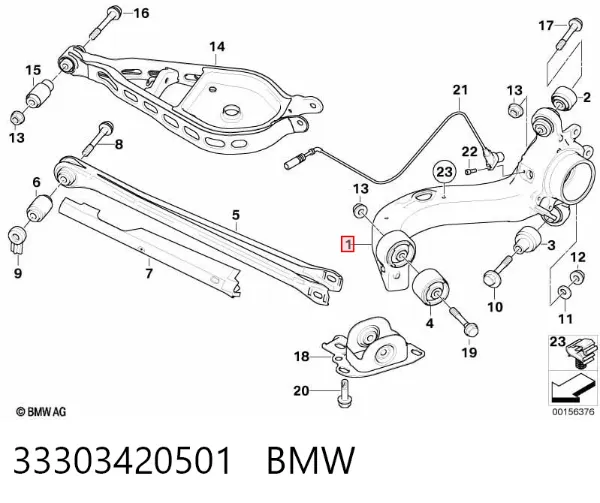 Wahacz (drążek) zawieszenia tylnego podłużny dolny lewy 33303420501 BMW