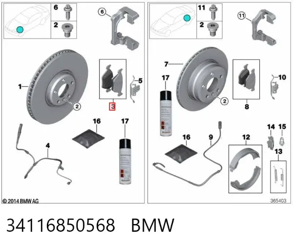 Klocki hamulcowe przednie tarczowe 34116850568 BMW