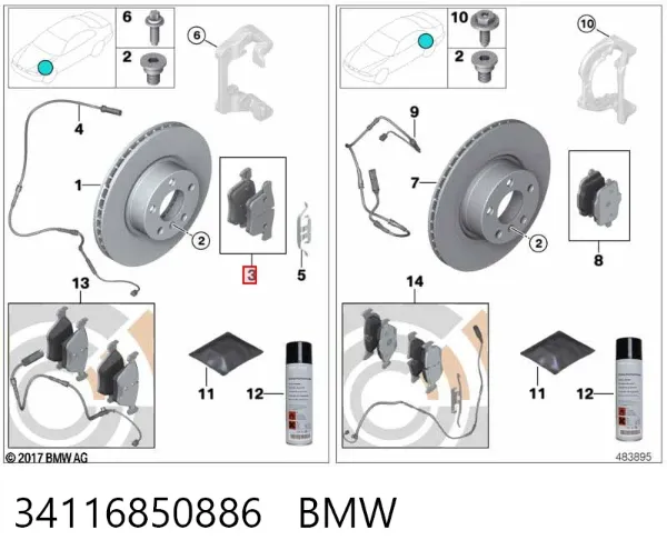 Klocki hamulcowe przednie tarczowe 34116850886 BMW