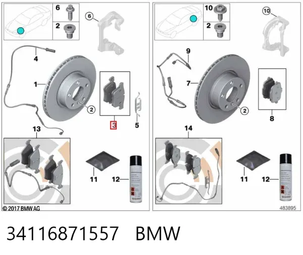 Klocki hamulcowe przednie tarczowe 34116871557 BMW