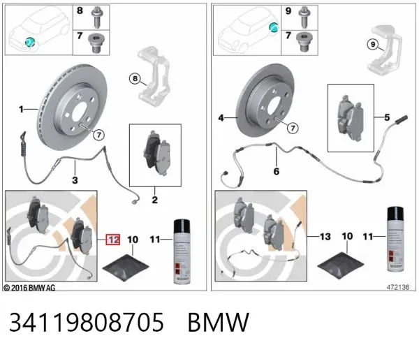 Klocki hamulcowe przednie tarczowe 34119808705 BMW