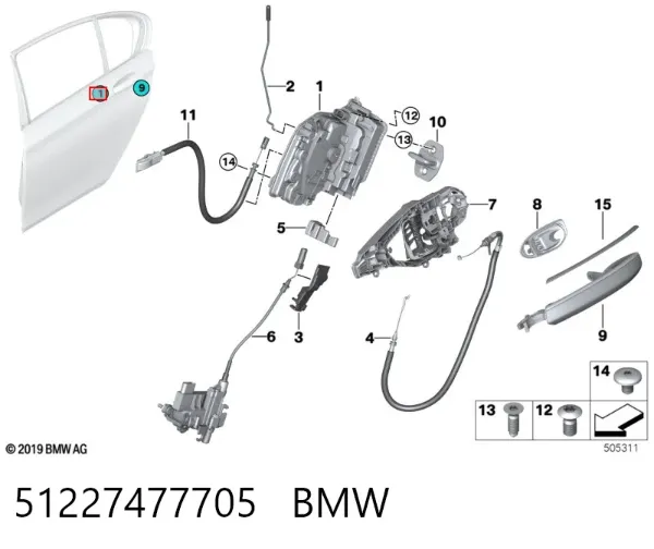 Zamek drzwi tylnych lewych 51227477705 BMW