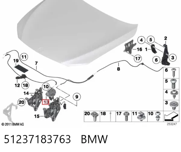 Zamek maski lewy 51237183763 BMW