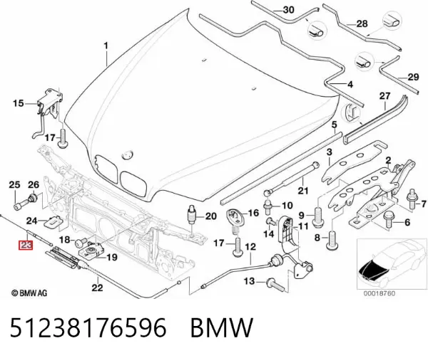 Linka otwierania maski przednia 51238176596 BMW
