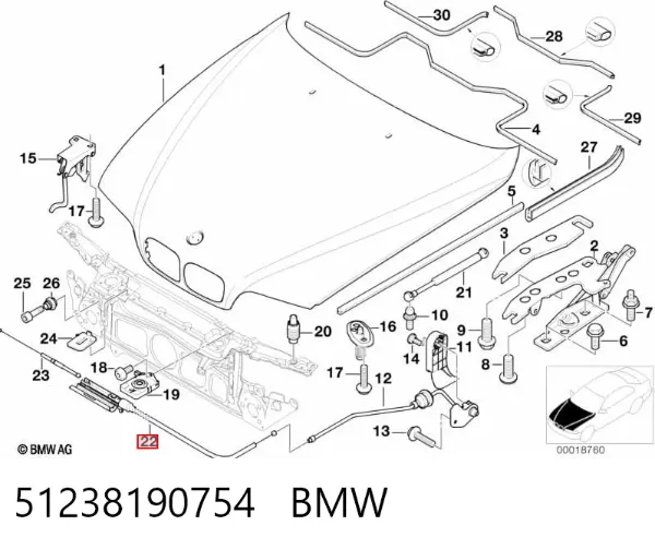 Linka otwierania maski tylna 51238190754 BMW