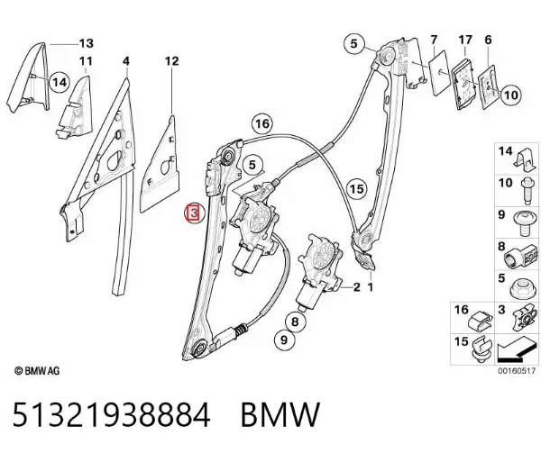 Ślizg przedniego podnośnika szyby 51321938884 BMW